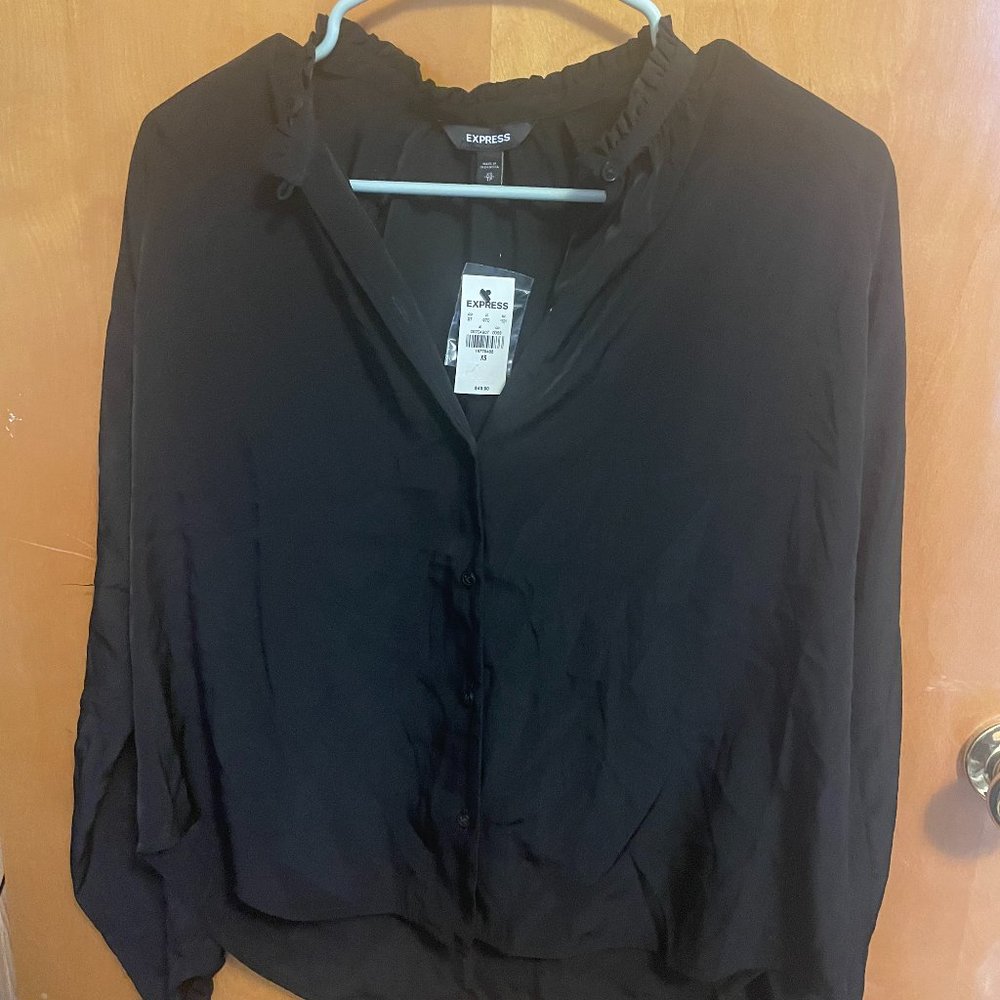 Express Women's Black Collarless Long Sleeve Blouse, NWT, Size XS